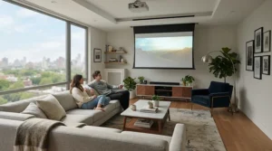 Stylish living space utilising an acoustic transparent screen for small cinema room that retracts when not in use.