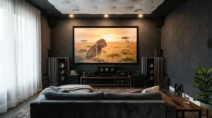 Acoustic panels and an acoustic transparent screen for small cinema room working together for superior room acoustics.