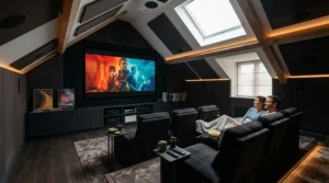 A space-saving acoustic transparent screen for small cinema room fitted in a narrow loft conversion.