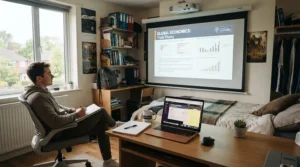 Affordable budget pull down projector screen set up in a compact student accommodation