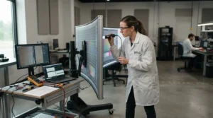 Close-up of a curved fixed frame screen being tested for picture quality during a professional product review