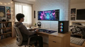 A compact bedroom setup featuring a curved projector screen for gaming mounted on a feature wall.