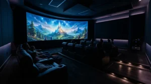 An immersive curved projector screen for gaming set up in a dedicated home cinema room with acoustic wall panels.