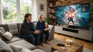 Friends enjoying a multiplayer session on a giant curved projector screen for gaming in a suburban house.