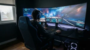 Gamer experiencing enhanced peripheral vision immersion using a curved projector screen for gaming in a darkened loft.