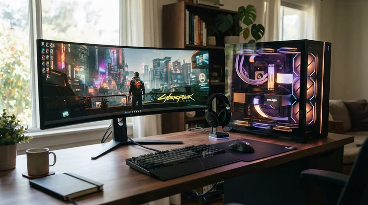 Custom PC rig glowing with RGB lighting next to a large curved projector screen for gaming.
