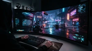 Detailed close-up of graphics rendered across a wide curved projector screen for gaming.