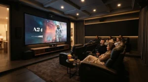 A curved projector screen installed in a modern British living room set up for a home cinema evening