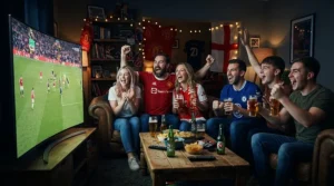 Friends watching a live football match on a large curved projector screen during a weekend gathering