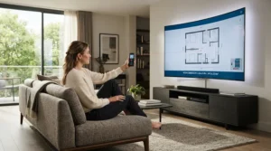 Measuring the ideal viewing distance from a sofa to a large curved projector screen in a dedicated media room