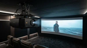 Anamorphic lens setup paired with a curved screen for ultra wide projection in a custom theatre.