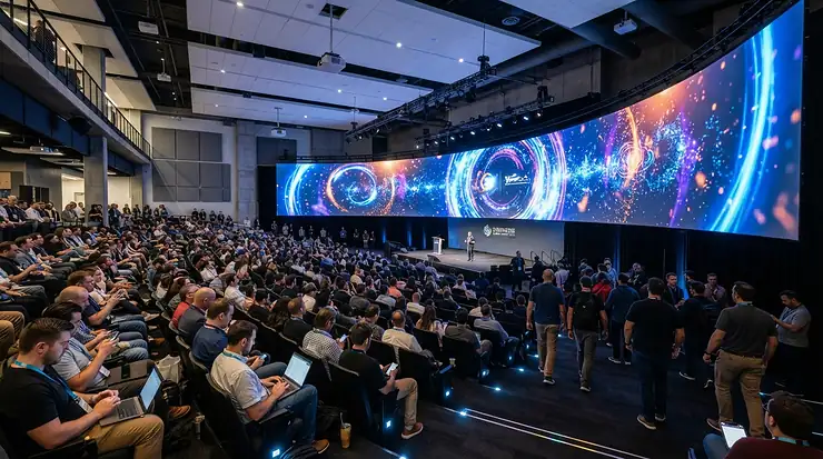 Large venue presentation utilising a curved screen for ultra wide projection and digital art.