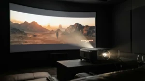 Detailed view of a curved screen for ultra wide projection displaying a cinemascope aspect ratio film.