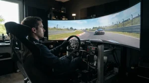 Immersive simulation setup using a curved screen for ultra wide projection for flight and driving games.