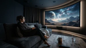 A home cinema setup featuring a curved screen for ultra wide projection in a dedicated media room.