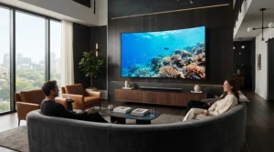 Modern living room interior showcasing a sleek curved screen for ultra wide projection on the wall.