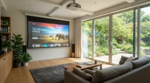 A high gain screen for HDR projectors maintaining rich contrast levels despite ambient light from outside.