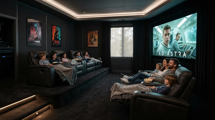 A home cinema room installation utilizing a high gain screen for HDR projectors for optimal movie viewing.