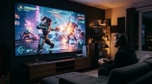 Playing an action video game on a high gain screen for HDR projectors with vivid colours and lighting.