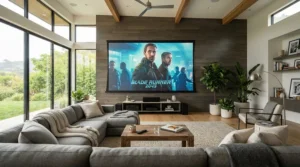 A modern living room featuring a high gain screen for HDR projectors displaying a vibrant cinematic film during daytime.