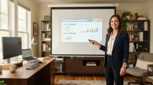 Remote worker using a pull down projector screen for a virtual presentation in a home office