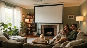A cosy family living room with a pull down projector screen lowered for movie night