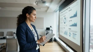 An expert checking image clarity on a pull down projector screen during a product review