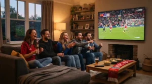 Friends watching a live football match on a pull down projector screen in a flat