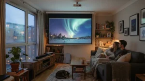 A space-saving pull down screen for living room installed in a compact flat.