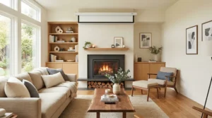 An everyday use pull down screen for living room subtly retracted against the ceiling.