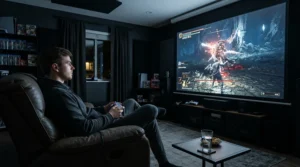 A video gaming session displayed on a pull down screen for living room arrangement.