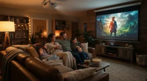 A pull down screen for living room configured for an immersive home cinema movie night experience.