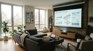 A multi-purpose room setup featuring a pull down screen for living room dual-purpose layout.