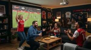 Friends watching a live football match on a pull down screen for living room gathering.